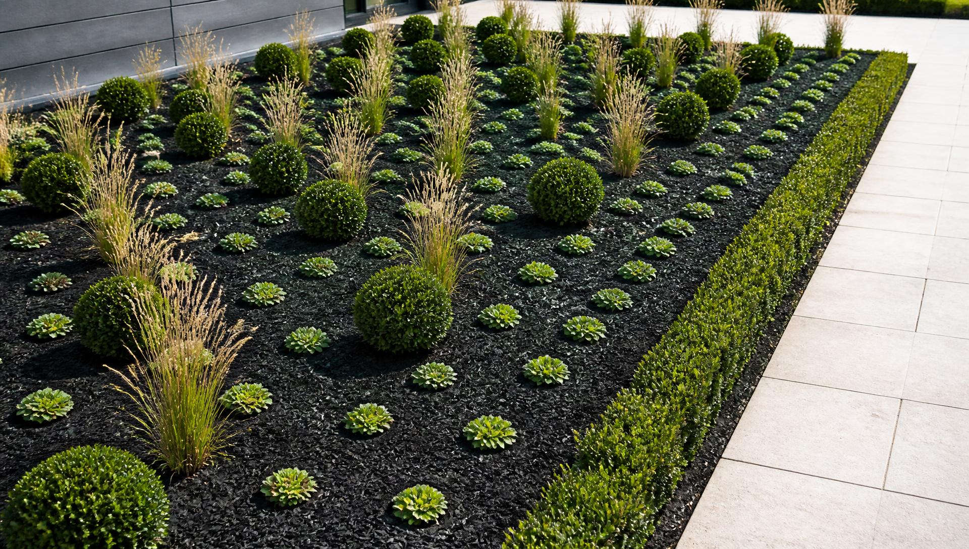Modern grid planted garden bed with black mulch clipped box balls ornamental grasses. Images and Photos created by www.house-and-garden-designs.com