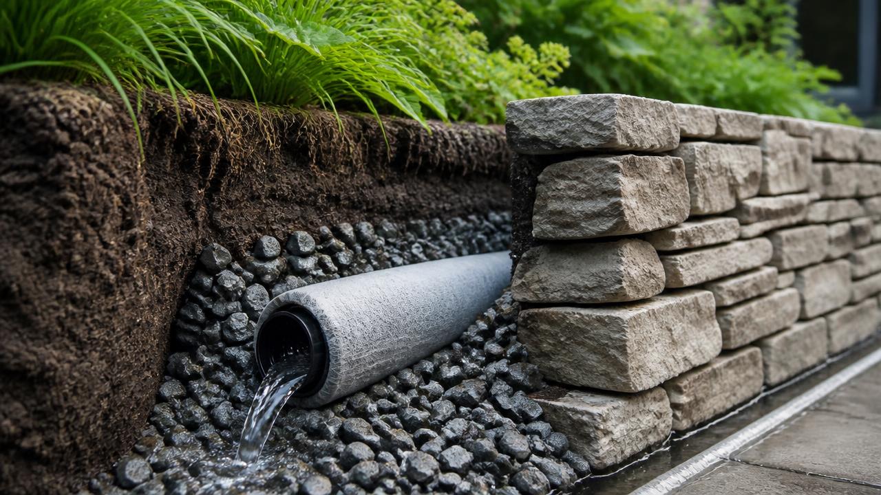 Garden drainage detail with agricultural drain in gravel trench behind new stone retaining wall. Images and Photos created by www.house-and-garden-designs.com
