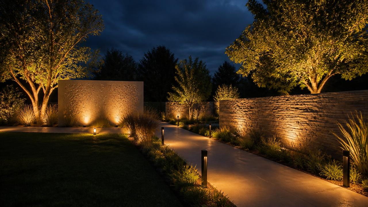 Garden landscape lighting at night with path markers, uplit feature tree and grazed stone wall. Images and Photos created by www.house-and-garden-designs.com