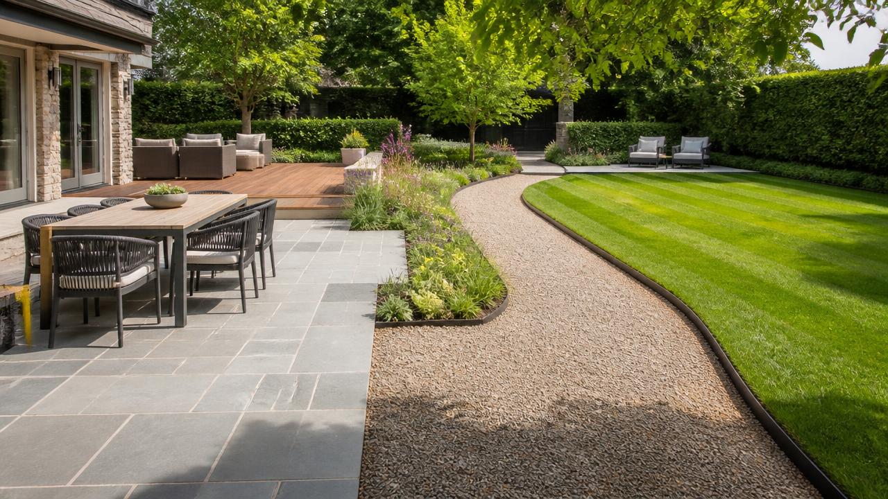 Mixed garden surfaces with sawn bluestone terrace, timber deck, gravel path and striped lawn. Images and Photos created by www.house-and-garden-designs.com