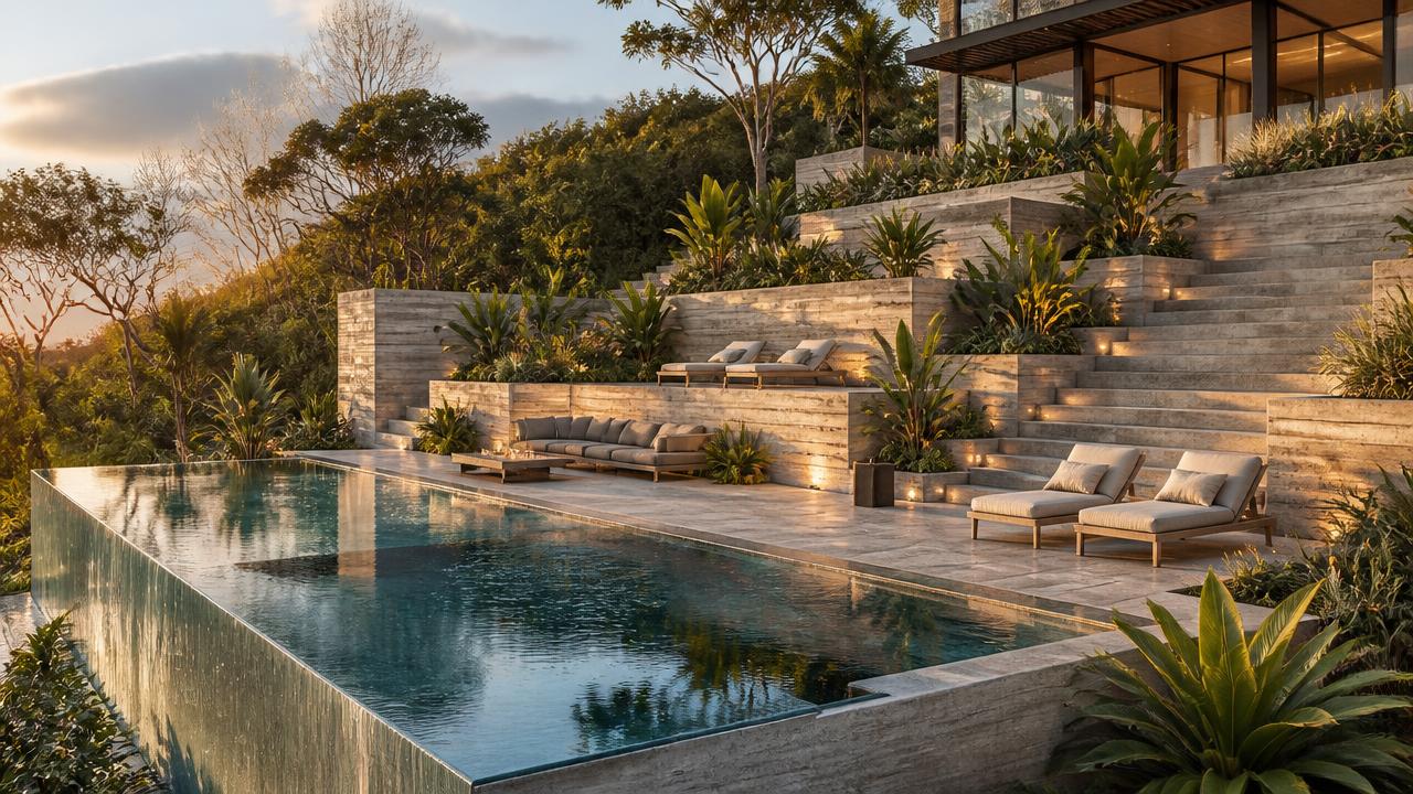 Terraced garden retaining walls turning a slope into level lawns with wide stone steps. Images and Photos created by www.house-and-garden-designs.com