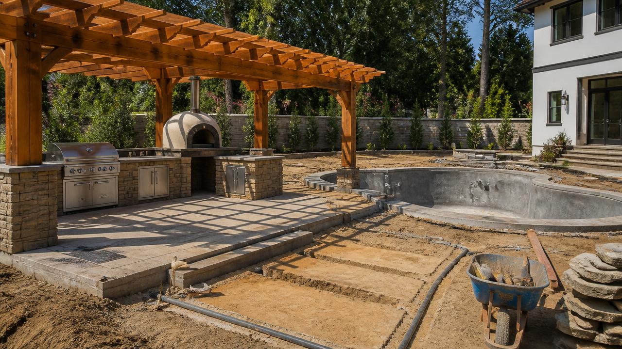 Backyard under construction with timber pergola frame, pool shell and service conduit trenches. Images and Photos created by www.house-and-garden-designs.com