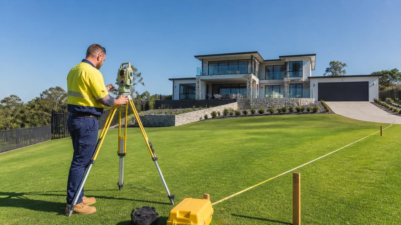 Landscape designer surveying sloping residential block with laser level tripod and boundary pegs. Images and Photos created by www.house-and-garden-designs.com