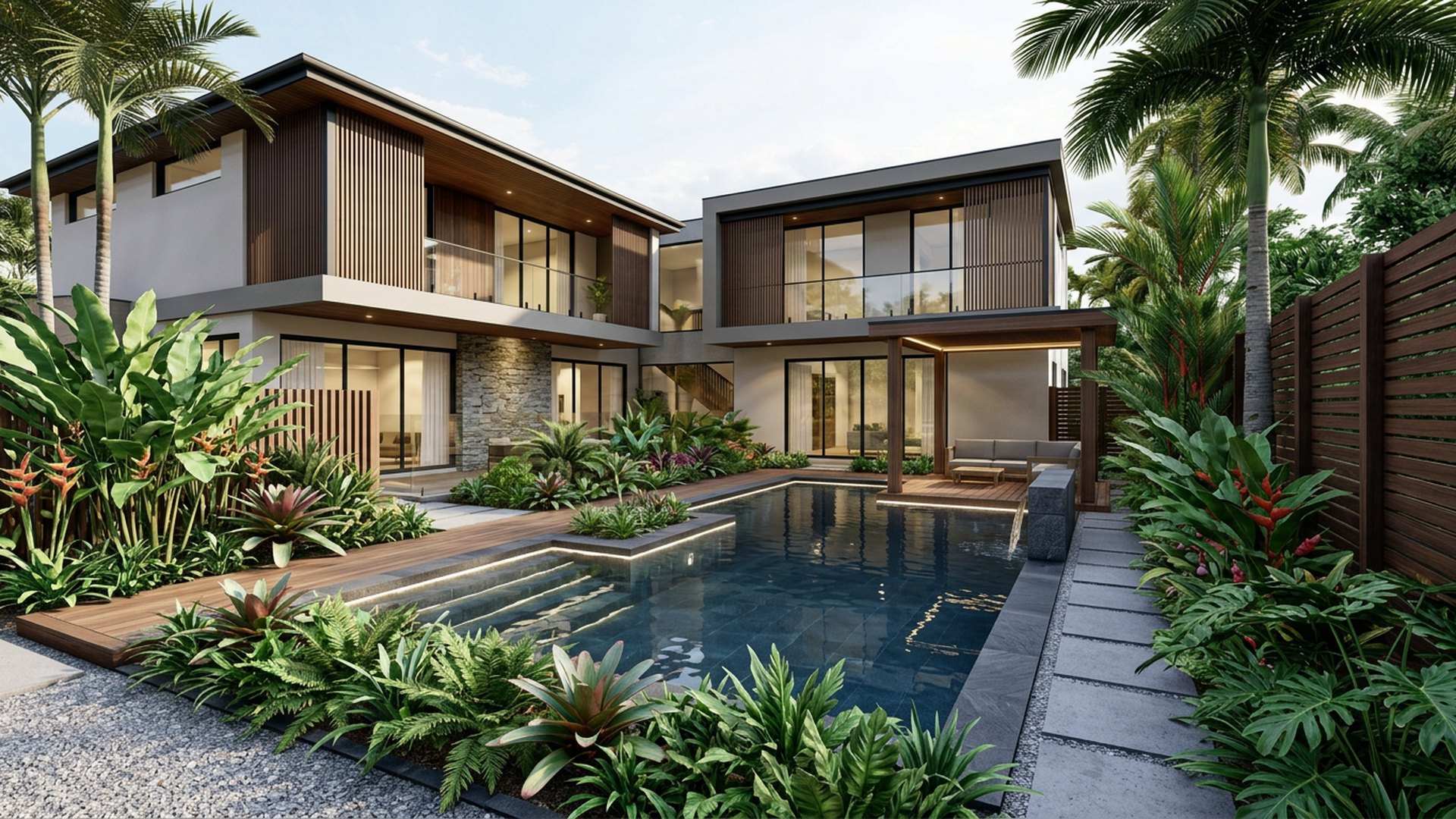 Tropical Oasis backyard landscaping concept Forward Looking Layered palms and gingers around a dark tiled pool with hidden lighting. Images and Photos created by www.house-and-garden-designs.com